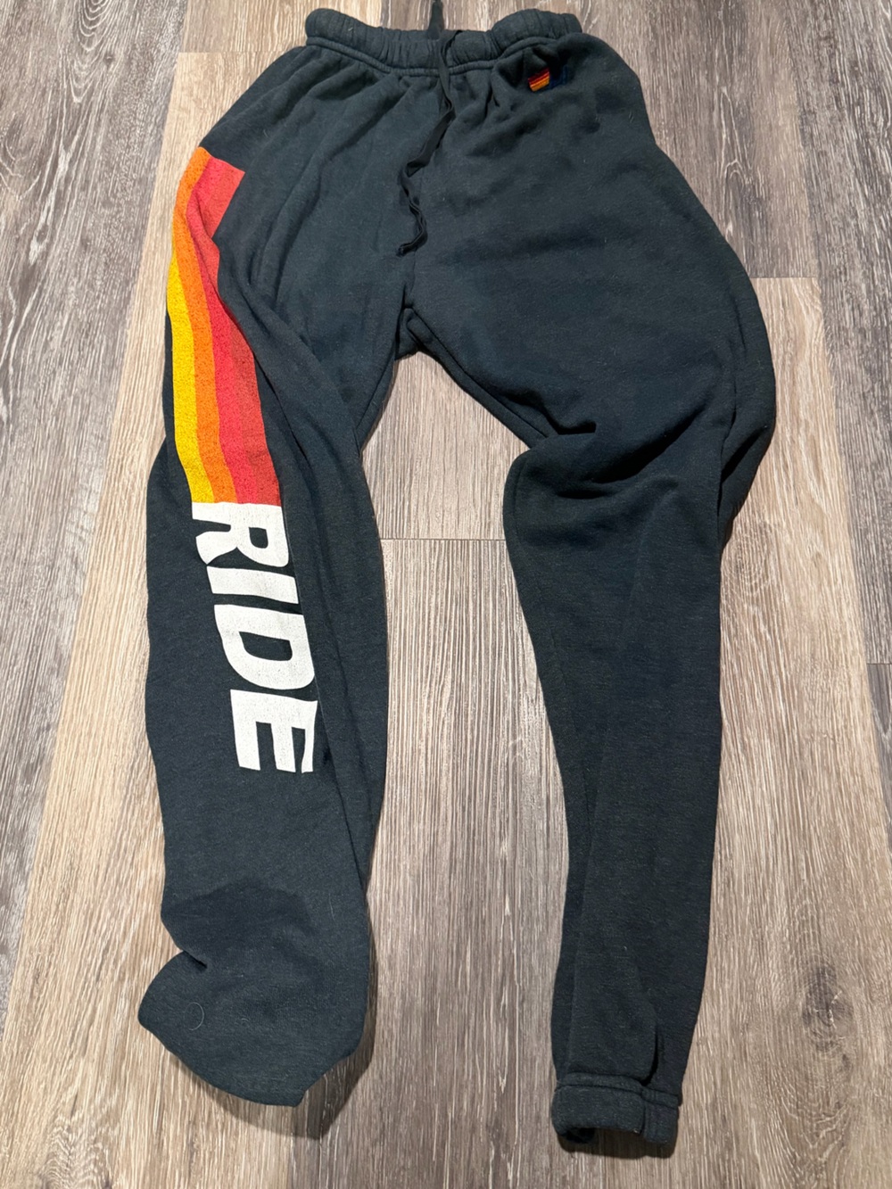Aviator Nation Black Joggers with Red-Orange-Yellow Stripe and White RIDE